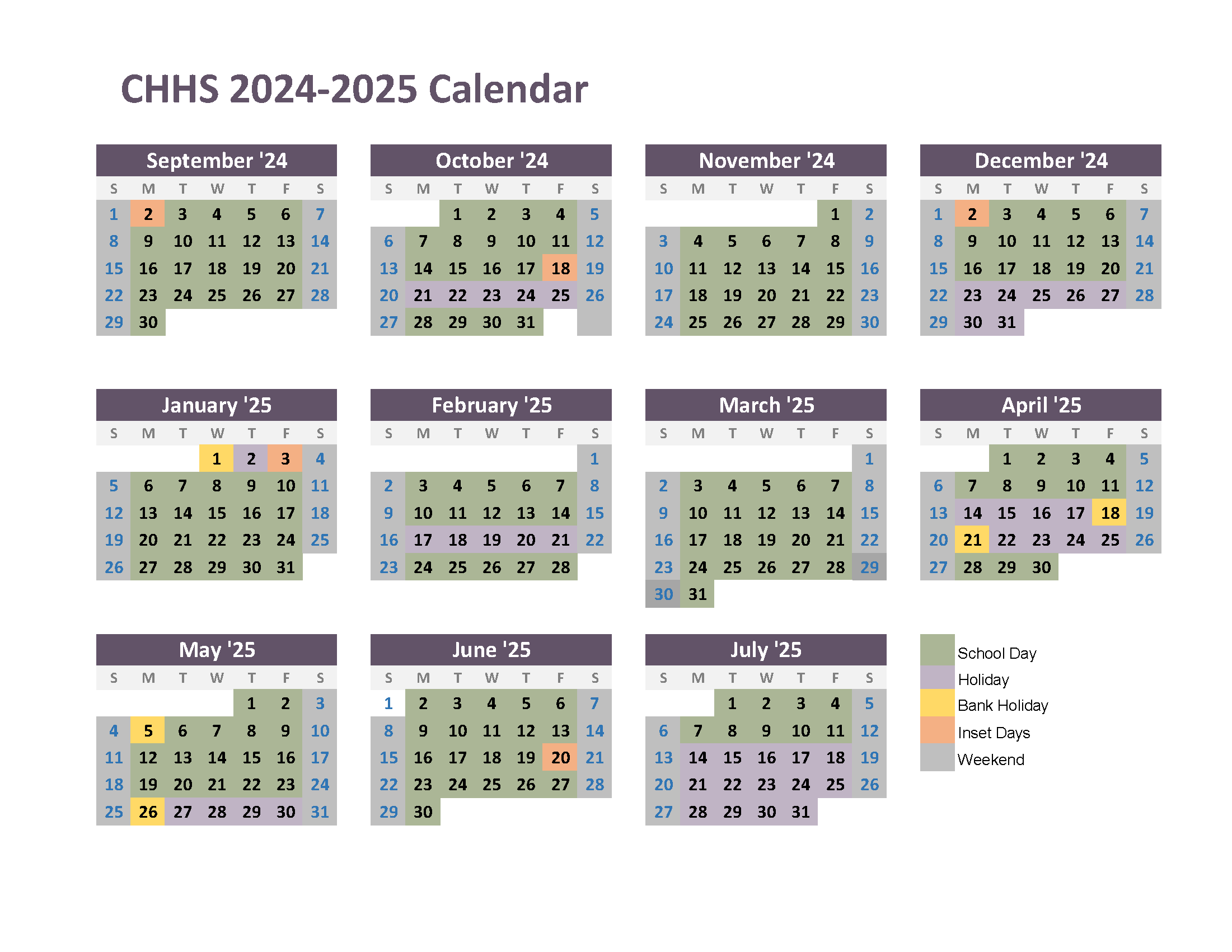 Calendar view of the Term dates for Cheadle Hulme High School for the academic year 2024 to 2025.